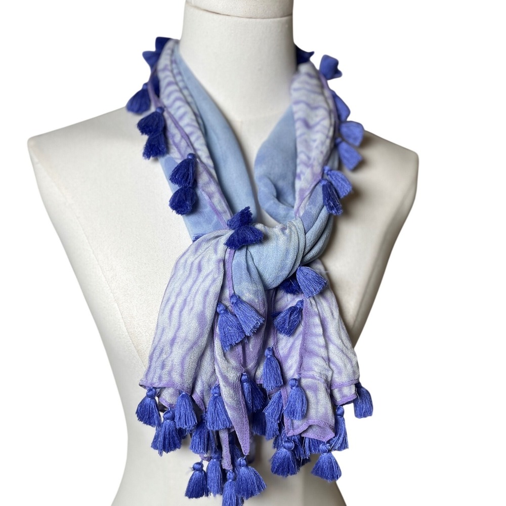Boho Shibori Tie Dye Tassel Scarf Blue Lavender Lightweight‎ Wrap OS - Picture 2 of 9